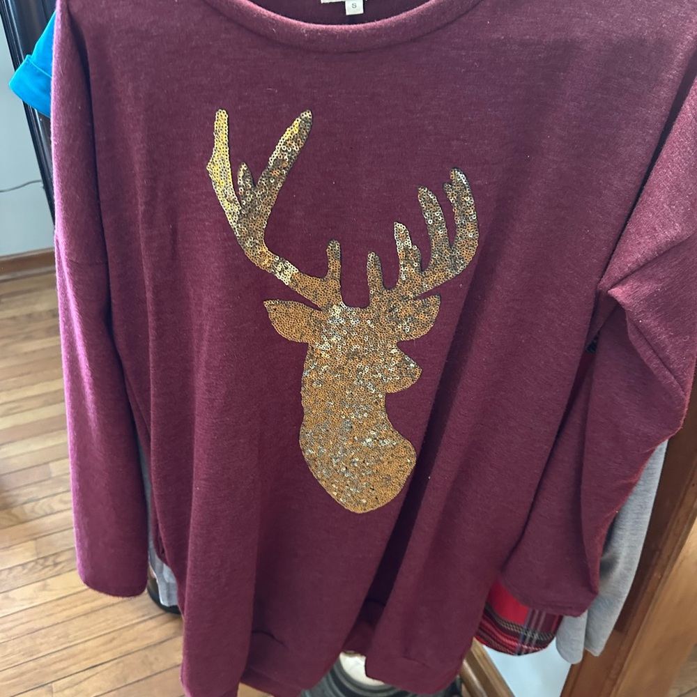 Burgundy Sweater with Gold Sequin Deer